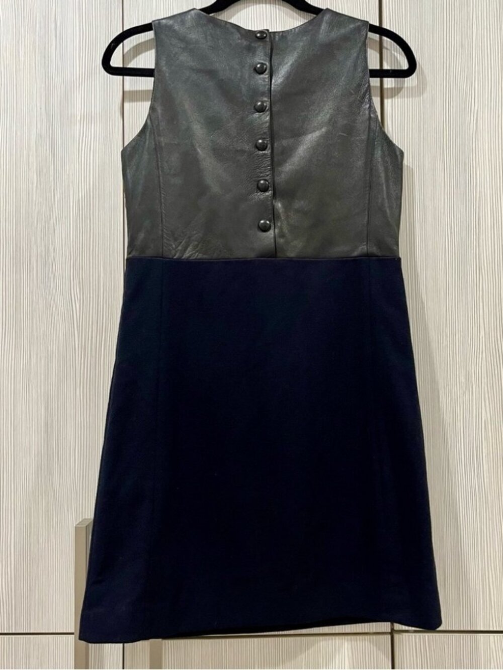 SANDRO | Sleeveless Leather Sheath Midi Dress | Two Tone Black/Navy | Small